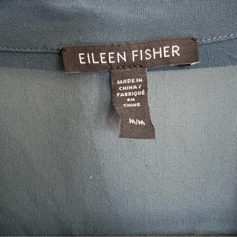 Eileen Fisher Sheer Silk Georgette Classic Collar Shirt Teal M - Picture 3 of 8